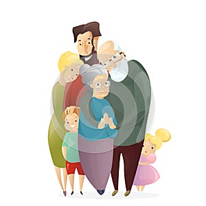 Vector illustration of happy family. Father, mother, grandfather,grandmother, son and daughter standing together and hug