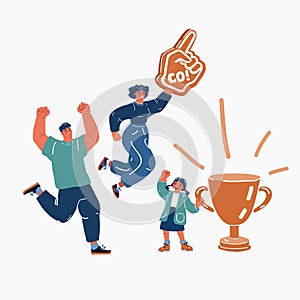 Vector illustration of Happy family jumping and celebration win. Mother, father and daughter