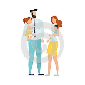 Vector illustration of a happy family, mother father daughter son holding hands and hugging, complete prosperous family vector