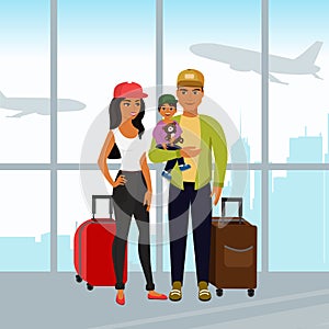 Vector illustration of happy family traveling together. Father mother and son with luggage at the airport in a flat