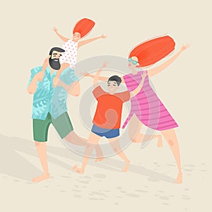 Vector illustration of a happy family with two children having fun on the beach