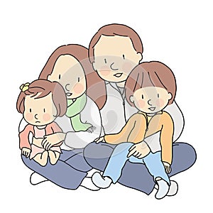 Vector illustration of happy father, mother, son & daughter sitting together. Kids sitting on parents