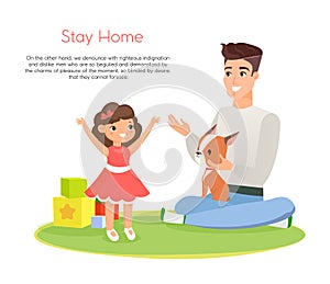 Vector illustration of happy father playing with smiling daughter and dog, time together, staying home. Fathers day