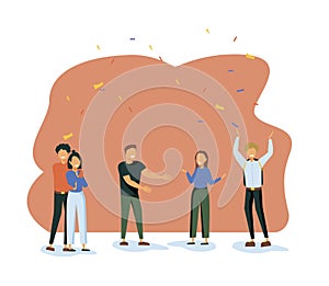 Vector illustration, happy friendship day with a diverse group of friends of people hugging together to celebrate a special event