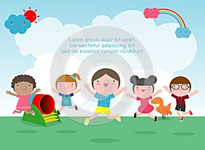 Vector Illustration Of Happy Funny Kids Playing Outside, happy children`s activity in the playground.