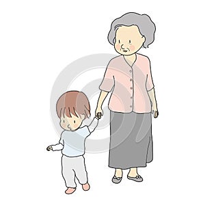 Vector illustration of happy grandmother holding kid hand & walking together. Early childhood development, family, generation