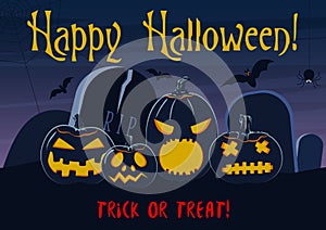 Vector illustration of Happy Halloween postcard with scary pumpkin lanterns on cemetery and trick or treat words.