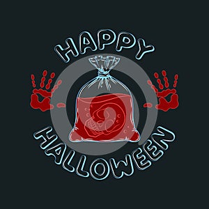 Vector illustration of Happy Halloween with a skull in a package. Isolated objects.