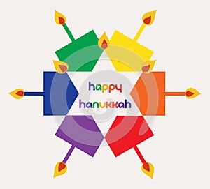 Vector Illustration - Happy hanukkah with colorful dreidels and candles