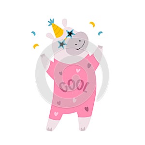 Vector illustration of a happy hippo dancing in disco glasses and cool costume