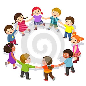 Happy kids holding hands in a circle. Cute boys and girls having fun