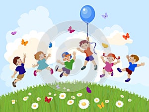 Vector illustration of happy kids jumping together.