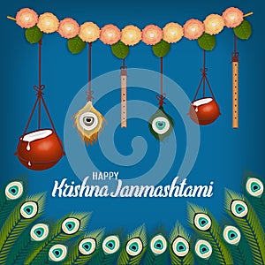 Vector illustration of Happy Krishna Janmashtami background with pot of cream. Dahi Handi