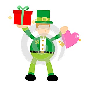 Vector illustration happy leprechaun choose gift box and pink heart love flat design cartoon style