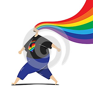 vector illustration of happy man proudly walking with rainbow hair isolated on white background with copy space for banner. LGBT