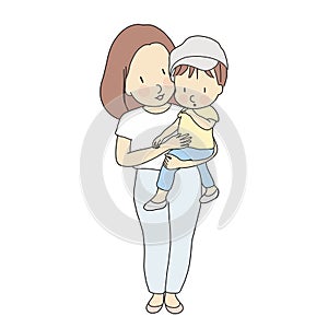 Vector illustration of happy mom holding little kid. Family, happy mother day, motherhood, early child development concept.