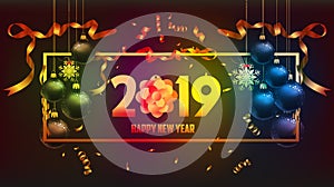 Vector illustration of happy new year 2019 gold and black colors place for text christmas balls