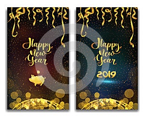 Vector illustration of happy new year 2019 on a violet and blue background text congratulations, golden ribbons and tinsel, piggy