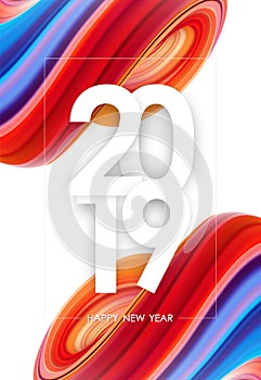 Vector illustration: Happy New Year 2019. Greeting poster with colorful abstract fluid twisted shape. Trendy design.