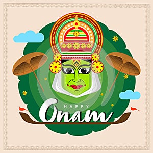 vector illustration Happy onam. colourful Kathakali face, snake boat and umbrella