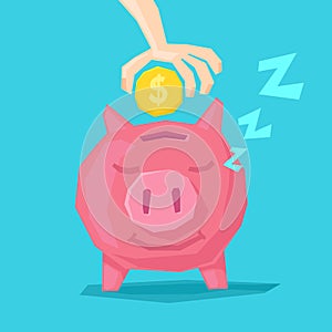Vector illustration of a happy piggy Bank and hand with a Golden coin