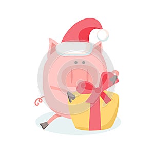 Vector illustration of a happy smiling pig in the new year night