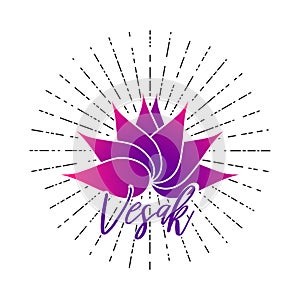 Vector illustration Happy vesak day. Pink lotus flower on ray sunburst background. Vector illustration card for Vesak