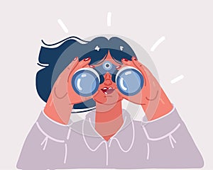 Vector illustration of Happy woman holding binocular and looking far ahead. Observation, discovery, future concept