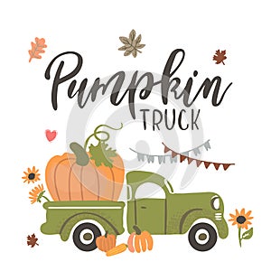 Vector Illustration, Harvest Truck with Pumpkins