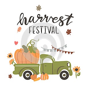 Vector Illustration, Harvest Truck with Pumpkins