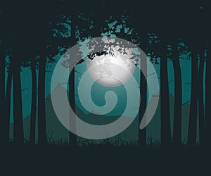 Vector illustration of a haunting forest with grass under a green night sky with moon and stars