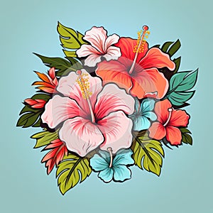 vector illustration of hawaiian hibiscus flowers on blue background