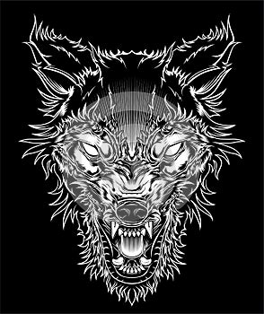 Vector illustration head ferocious wolf, outline silhouette on a black background