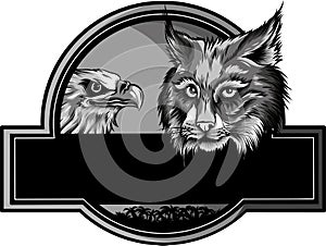 vector illustration of head lynx and eagle on logo. monochrome design