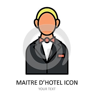 Vector illustration with head waiter - maitre d`hotel. Outline icon photo
