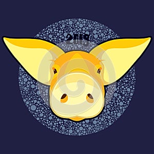 Vector illustration head of yellow pig for happy new year 2019 card