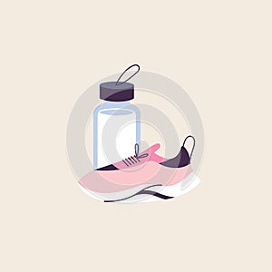 Vector illustration of healthy and active lifestyle concept. Running pink sneakers and water bottle.