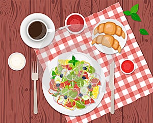 Vector illustration of healthy breakfast on the table. Ccoffee,