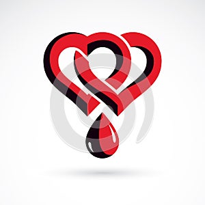 Vector illustration of heart shape and drops of blood. Cardiovascular system diseases remedy conceptual symbol for use in