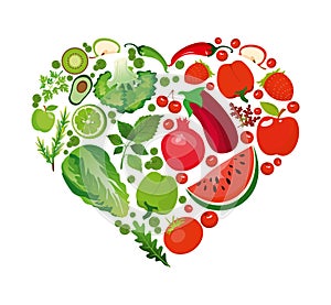 Vector illustration heart shape of red fruits and vegetables. Healthy nutrition organic concept in flat style.