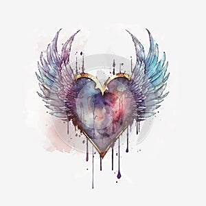 Vector illustration of heart. Watercolor winged heart.