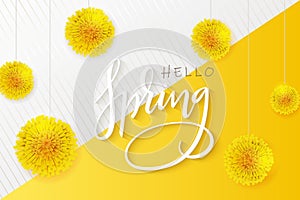 Vector illustration of hello spring banner template with hand lettering phrase - hello spring - with dandelions flowers