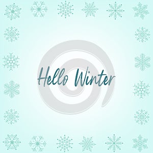 Vector illustration: Hello Winter elegant modern lettering on blue snowflake background. Vector illustration