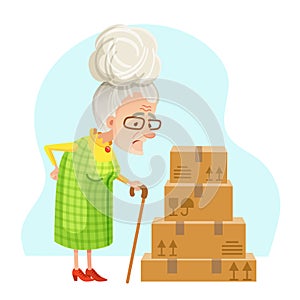 Vector illustration of helpless senior woman near a pile of parcels with back pain