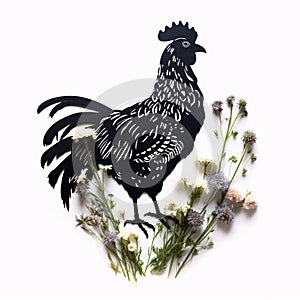 Black silhouette, tattoo of a hen, rooster on white isolated background. Vector