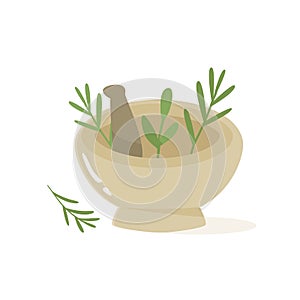 Vector illustration with herbs, pounder and pestle photo