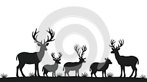 Deer Silhouette Herd, Buck and Doe Vector Illustration