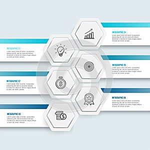 Vector illustration hexagon infographics 6 options. Template for brochure, business, web design