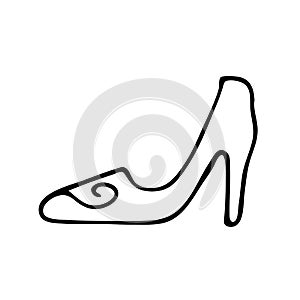 Vector illustration of high-heeled shoes with doodles. Women`s classic handmade shoes. Black line of women`s classic shoes.