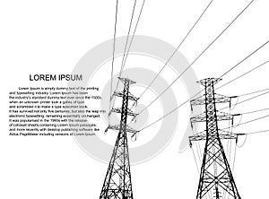 Vector Illustration. High Voltage  Towers Electric Power Transmission. Lines Supplies Electricity to the Text.  Pylon, pole networ